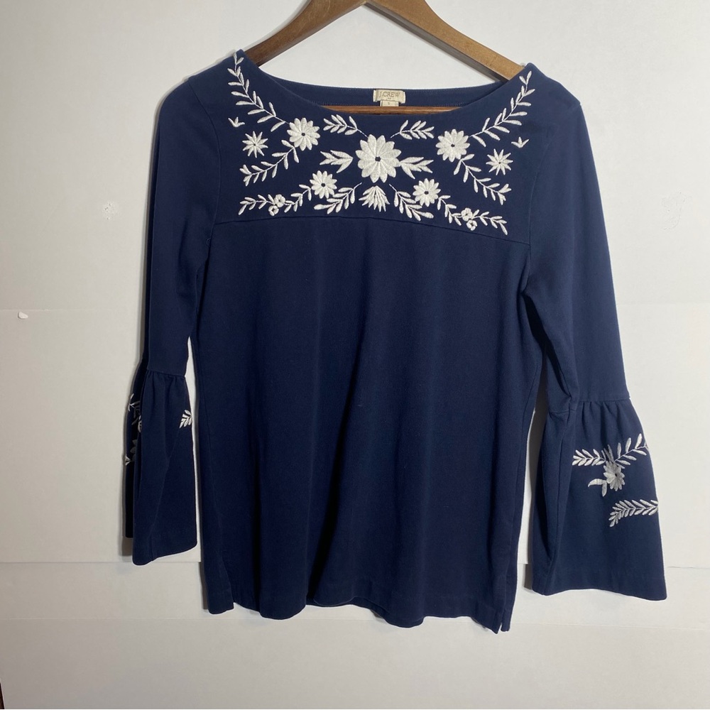 J. Crew Dark Blue Blouse with White Floral Embroidery & Long Bell Sleeves